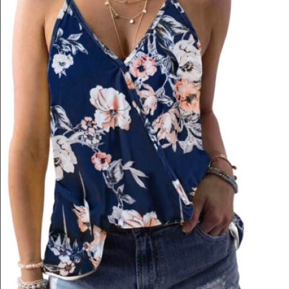 Strappy Tropical Blue Floral Print Casual Fit  Hammock Neck Tank Top Wra… - Picture 2 of 4